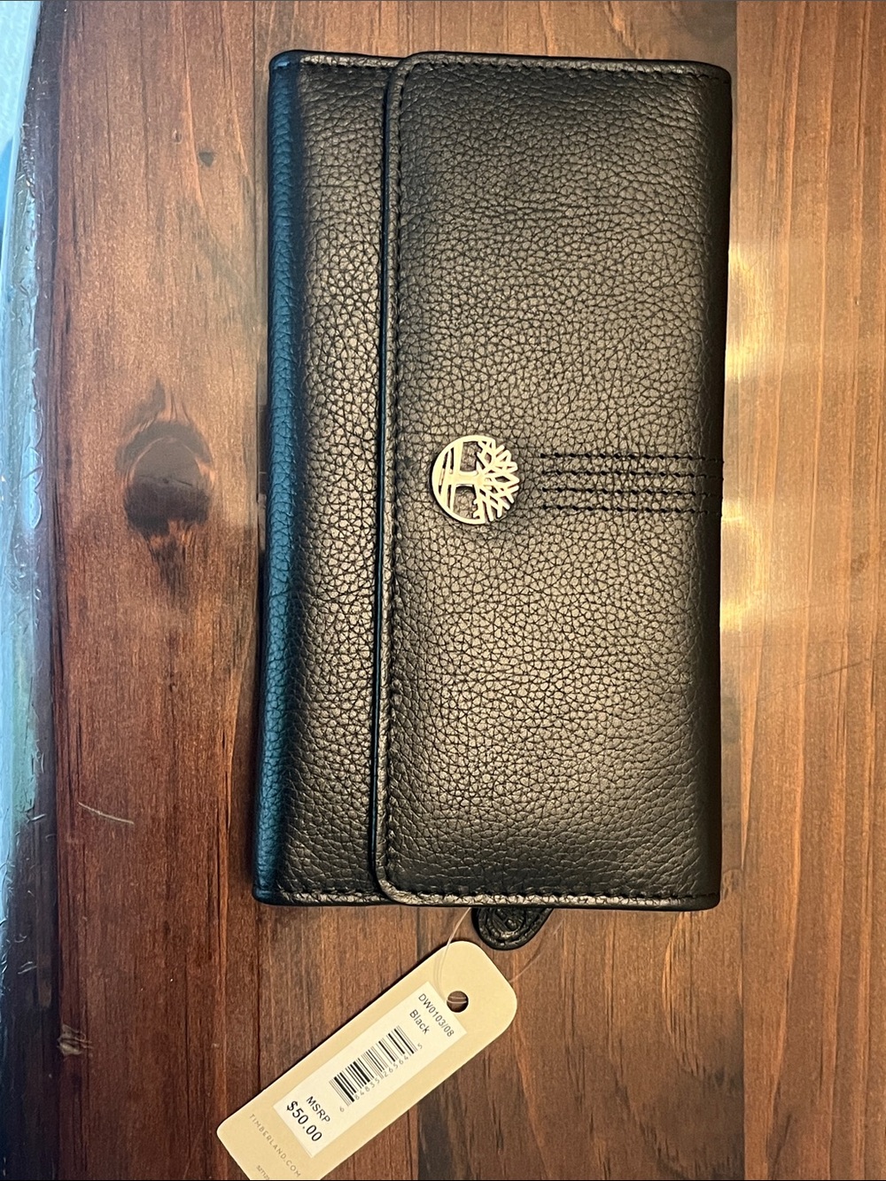 Timberland Black Pebbled Leather Wallet Phone Case with Tree Emblem